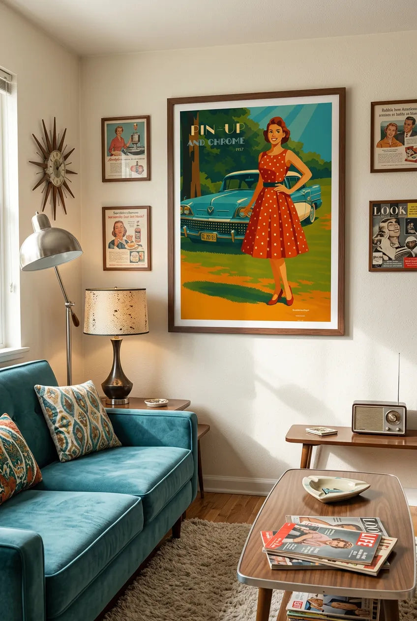 Mockup Pin-up and Chrome dans un salon rétro américain