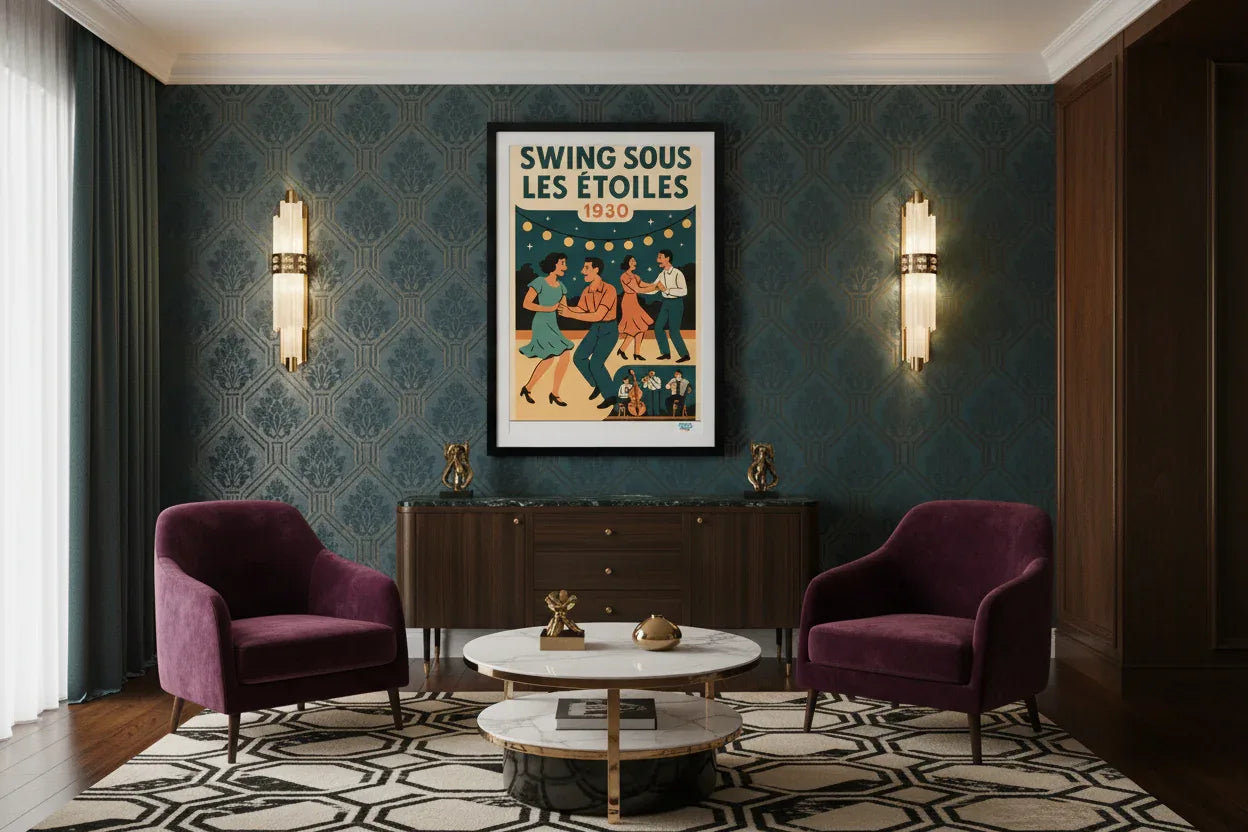 Affiche Swing années 30 dans bibliothèque jazz - décoration murale rétro pop art déco