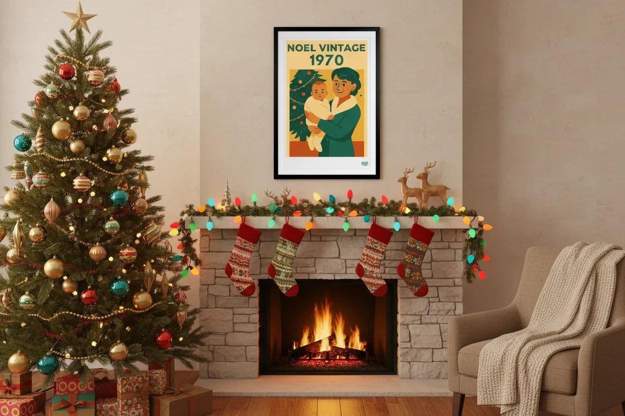 Affiche rétro Noël Vintage Années 70 décoration murale salon festif