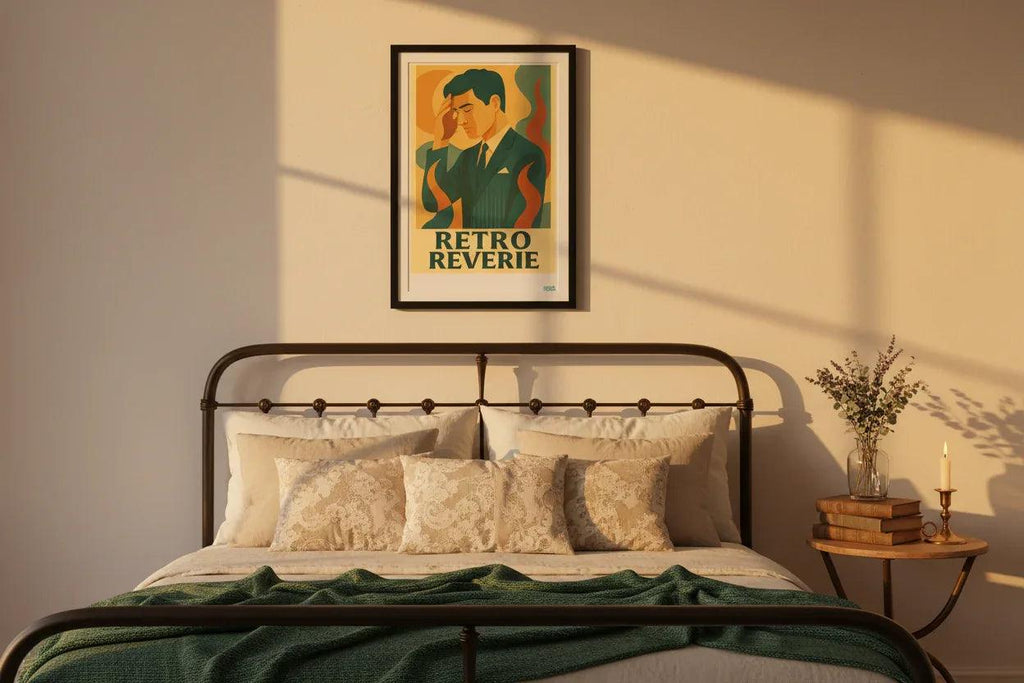 Affiche Le songeries de Monsieur Henri StudioRetroPop encadrée au-dessus d'un lit.