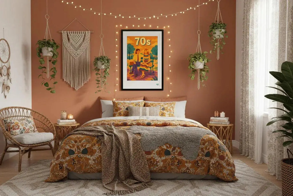 Affiche RDV Hippie Années de StudioRetroPop encadrée dans une chambre bohème aux tons terracotta.