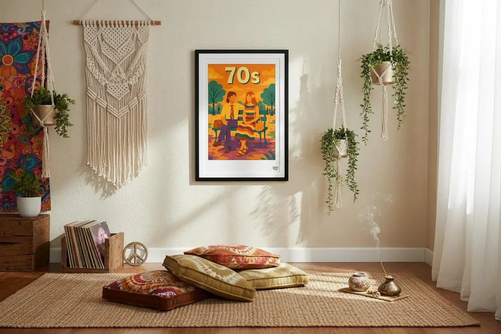 Mise en scène d'un salon bohème avec l'affiche RDV Hippie Années de StudioRetroPop au mur.