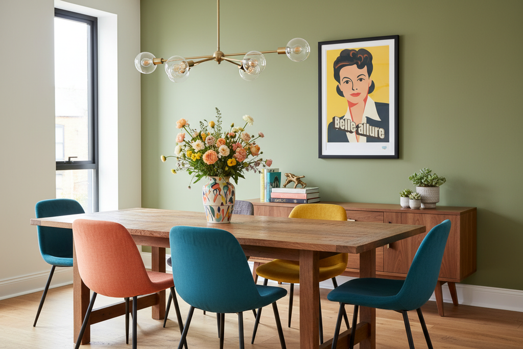 Salle à manger colorée avec affiche Belle allure