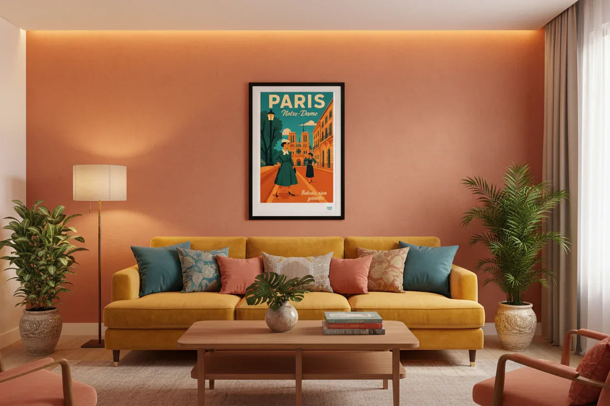 Salon coloré avec affiche Notre-Dame