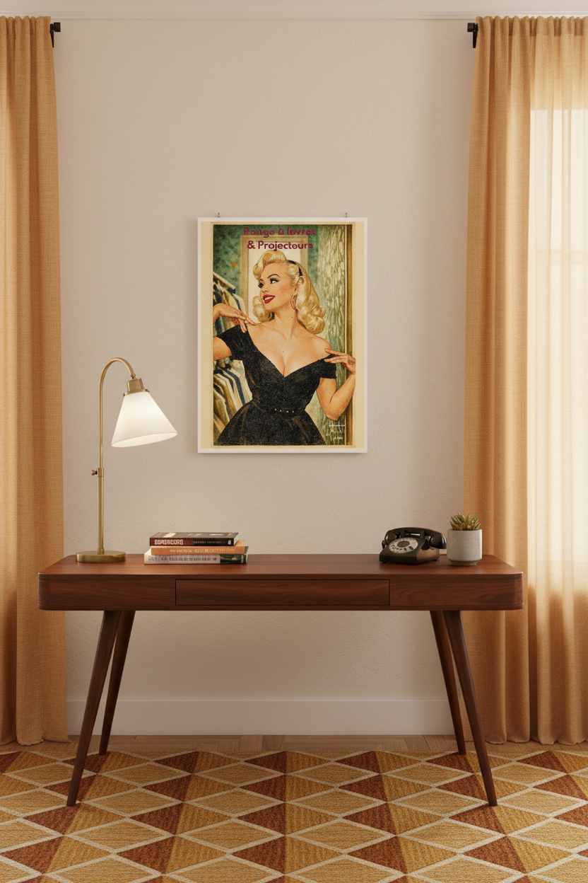 Affiche Rouge à lèvres & Projecteurs – illustration vintage rétro dans un bureau mid-century élégant – décoration art rétro StudioRetroPop®