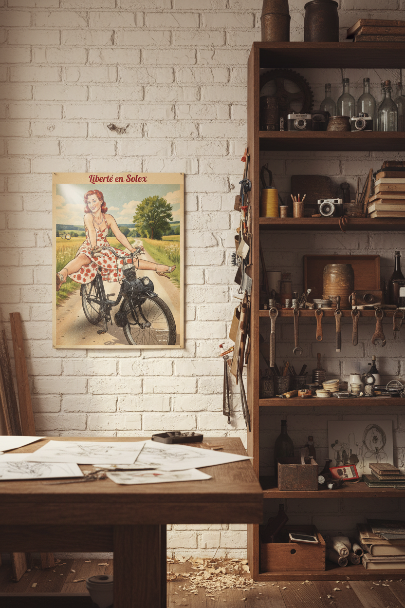 Affiche Liberté en Solex – illustration vintage rétro dans un atelier – décoration art rétro StudioRetroPop®