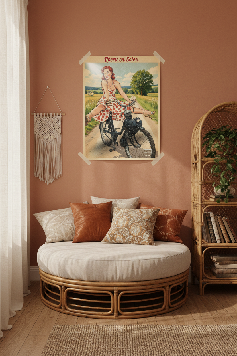 Affiche Liberté en Solex – poster rétro pop dans une chambre bohème terracotta – décoration murale vintage StudioRetroPop®
