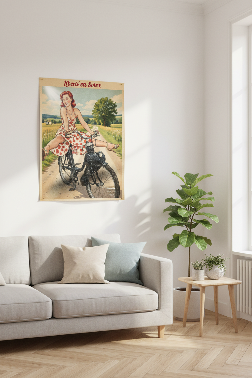 Affiche Liberté en Solex – poster rétro pin-up années 50 dans un salon moderne lumineux – StudioRetroPop®